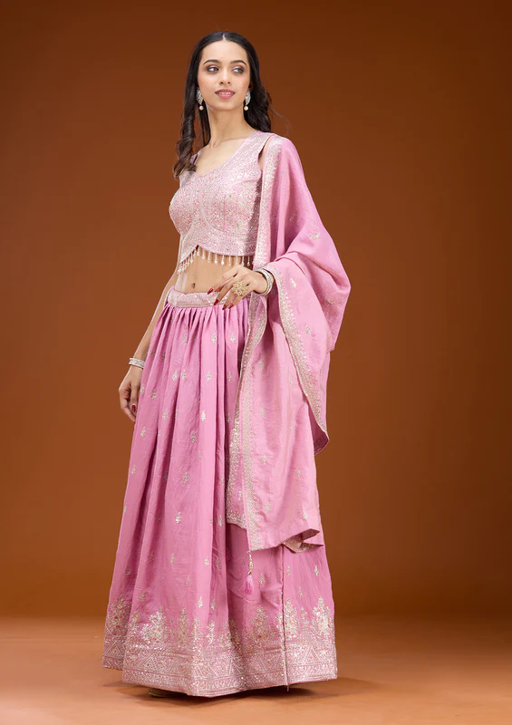 Onion Pink Zariwork Soft Raw Silk Readymade Lehenga