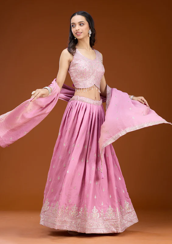 Onion Pink Zariwork Soft Raw Silk Readymade Lehenga - Image 5