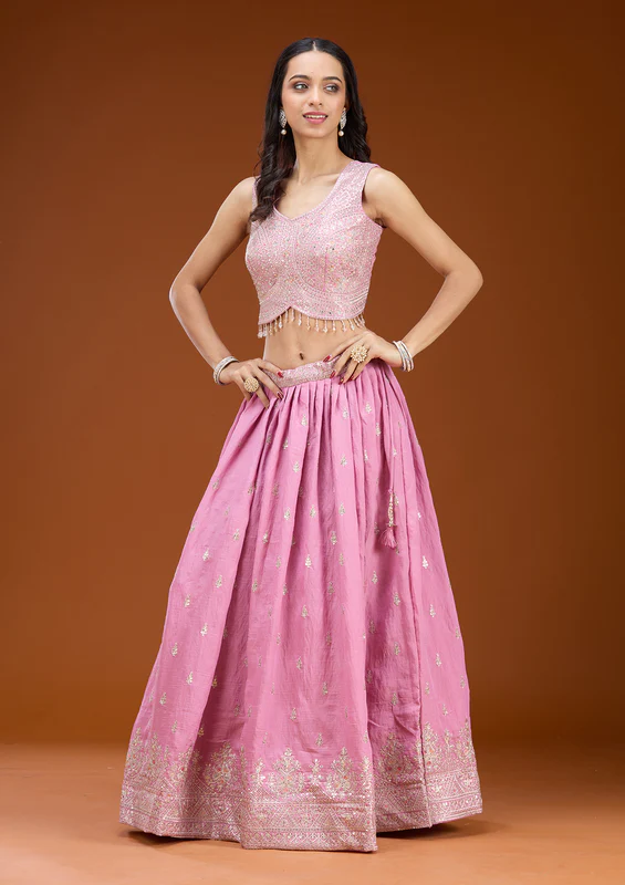Onion Pink Zariwork Soft Raw Silk Readymade Lehenga - Image 2