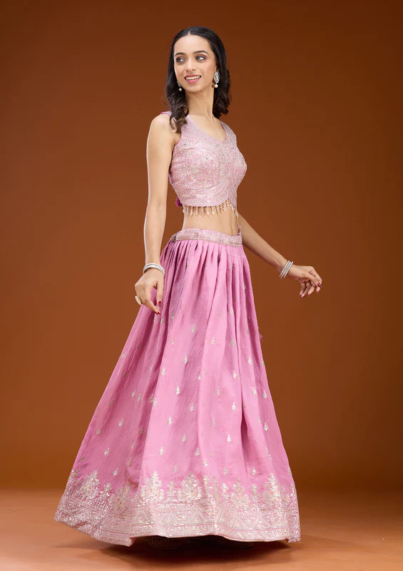 Onion Pink Zariwork Soft Raw Silk Readymade Lehenga - Image 3