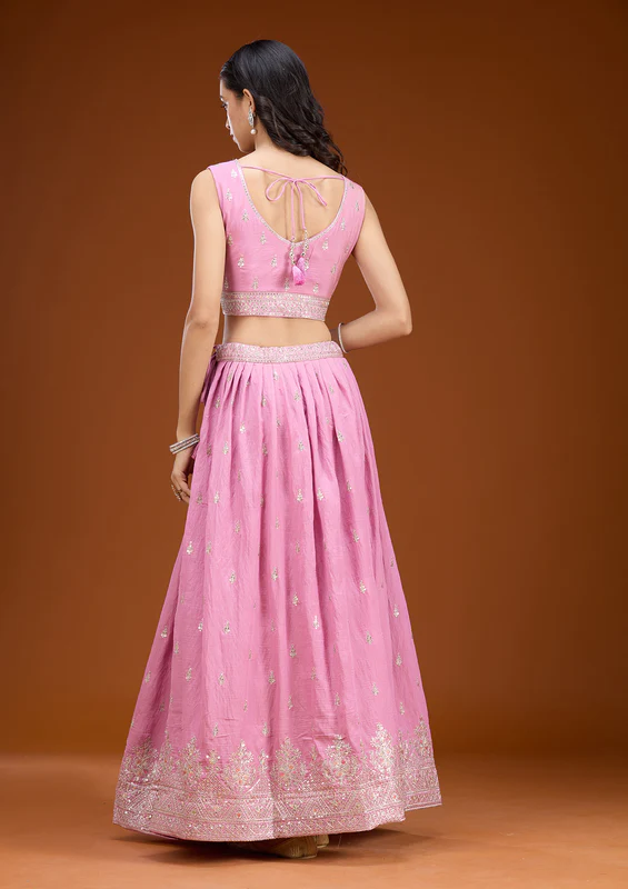 Onion Pink Zariwork Soft Raw Silk Readymade Lehenga - Image 4