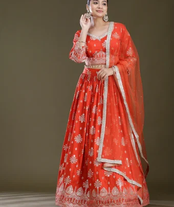 Rust Sequins Georgette Readymade Lehenga