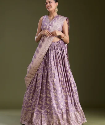 Dark Lavender Sequins Soft Raw Silk Readymade Lehenga
