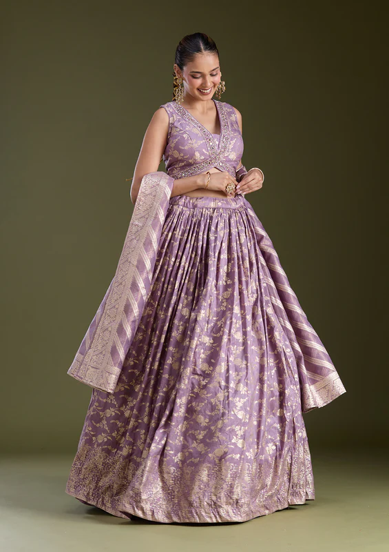 Dark Lavender Sequins Soft Raw Silk Readymade Lehenga - Image 4