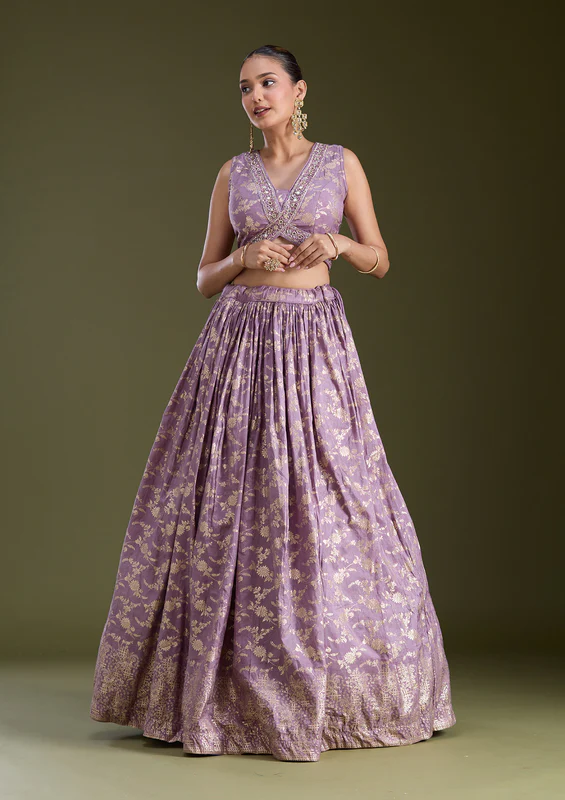 Dark Lavender Sequins Soft Raw Silk Readymade Lehenga - Image 3
