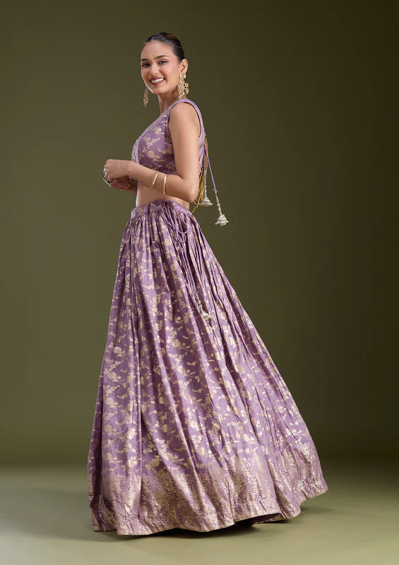 Dark Lavender Sequins Soft Raw Silk Readymade Lehenga - Image 2