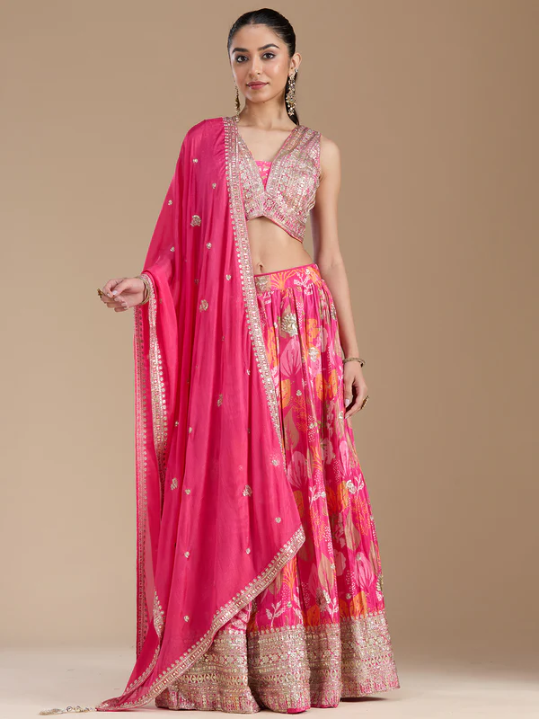 Rani Pink Sequins Satin Readymade Lehenga