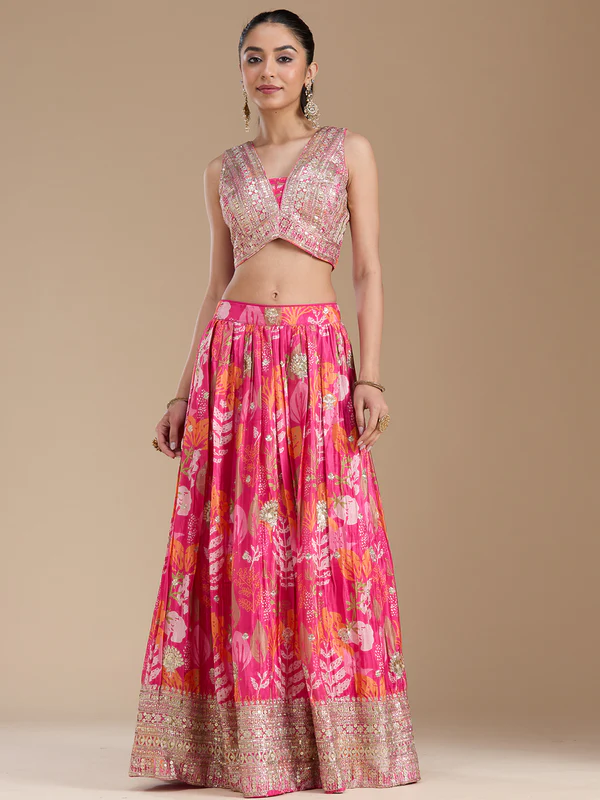 Rani Pink Sequins Satin Readymade Lehenga - Image 3