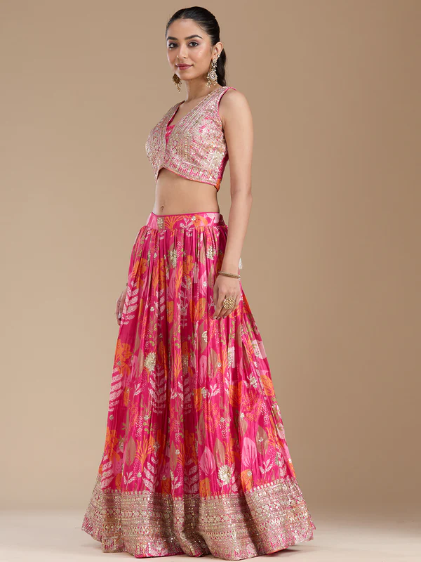 Rani Pink Sequins Satin Readymade Lehenga - Image 2