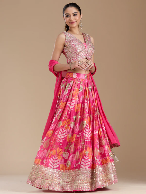 Rani Pink Sequins Satin Readymade Lehenga - Image 4