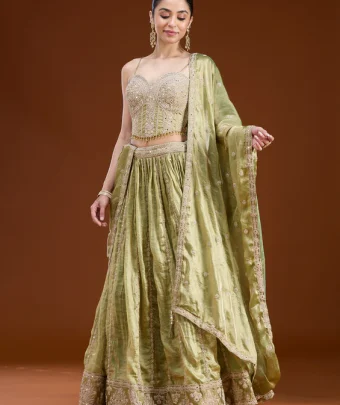 Mehendi Green Zariwork Tissue Readymade Lehenga