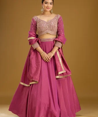 Onion Pink Sequins Tissue Readymade Lehenga