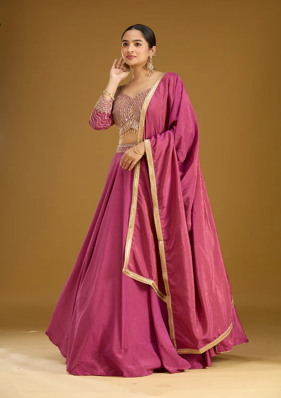 Onion Pink Sequins Tissue Readymade Lehenga - Image 3