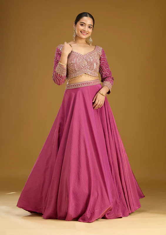 Onion Pink Sequins Tissue Readymade Lehenga - Image 2