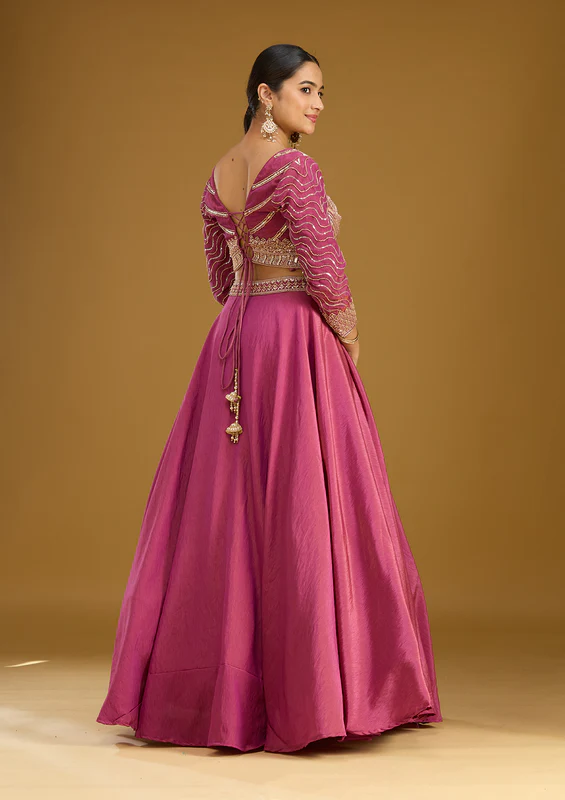 Onion Pink Sequins Tissue Readymade Lehenga - Image 4