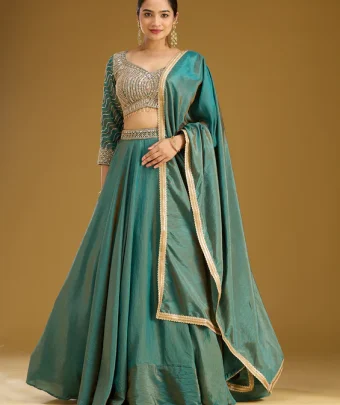 Teal Green Sequins Tissue Readymade Lehenga