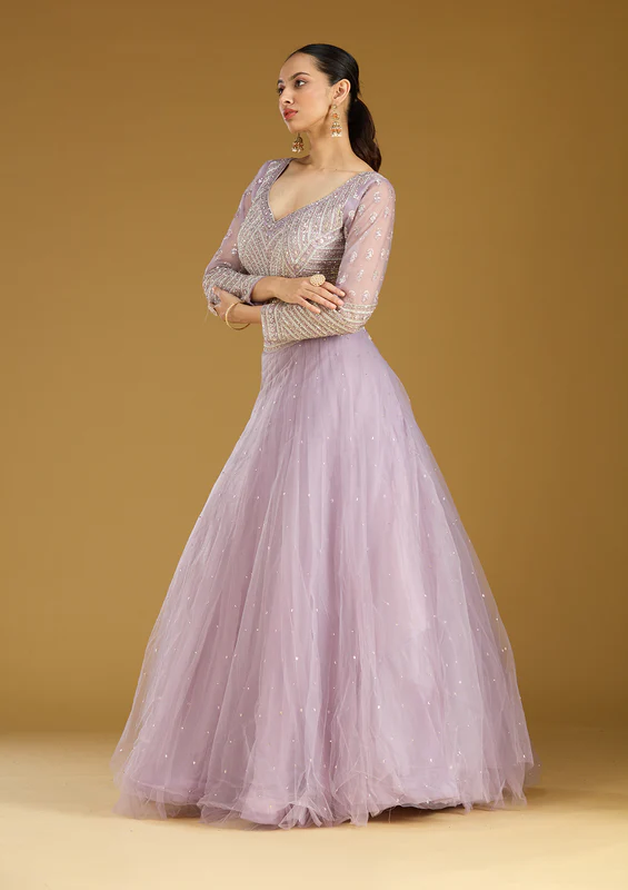 Lavender Sequins Net Readymade Lehenga - Image 4