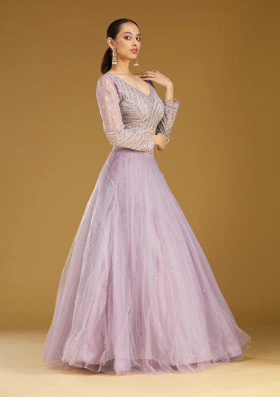 Lavender Sequins Net Readymade Lehenga - Image 3