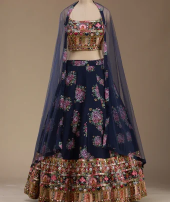 Navy Blue Threadwork Georgette Readymade Lehenga