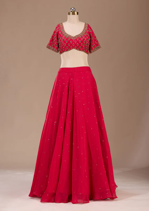 Red Zardosi Raw Silk Readymade Lehenga - Image 3
