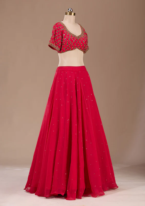 Red Zardosi Raw Silk Readymade Lehenga - Image 4