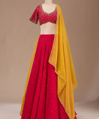 Red Zardosi Raw Silk Readymade Lehenga