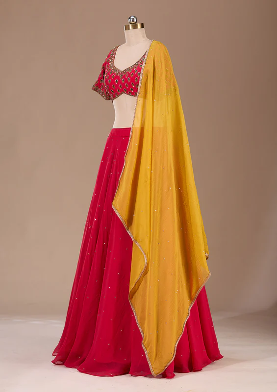 Red Zardosi Raw Silk Readymade Lehenga - Image 2