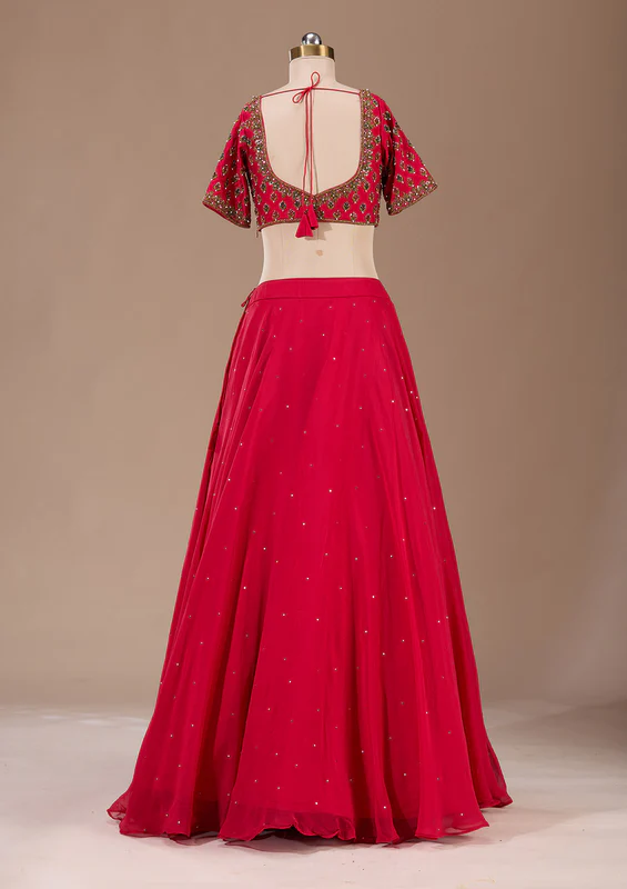 Red Zardosi Raw Silk Readymade Lehenga - Image 5