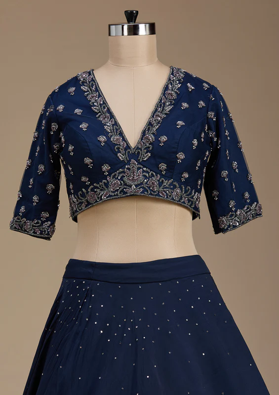Navy Blue Zardosi Tissue Readymade Lehenga - Image 3