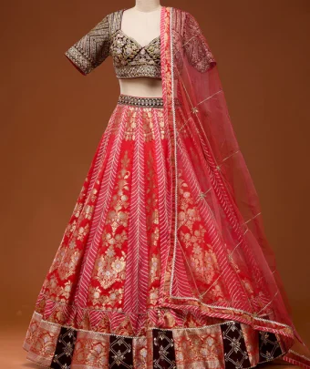 Red Zardosi Brocade Readymade Lehenga