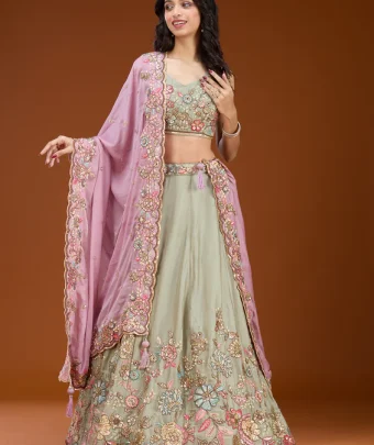Pista Green Threadwork Georgette Readymade Lehenga