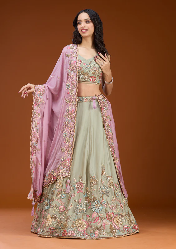 Pista Green Threadwork Georgette Readymade Lehenga