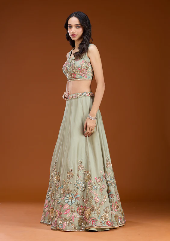 Pista Green Threadwork Georgette Readymade Lehenga - Image 2