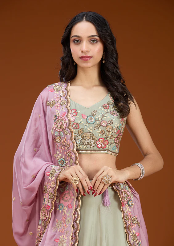 Pista Green Threadwork Georgette Readymade Lehenga - Image 3
