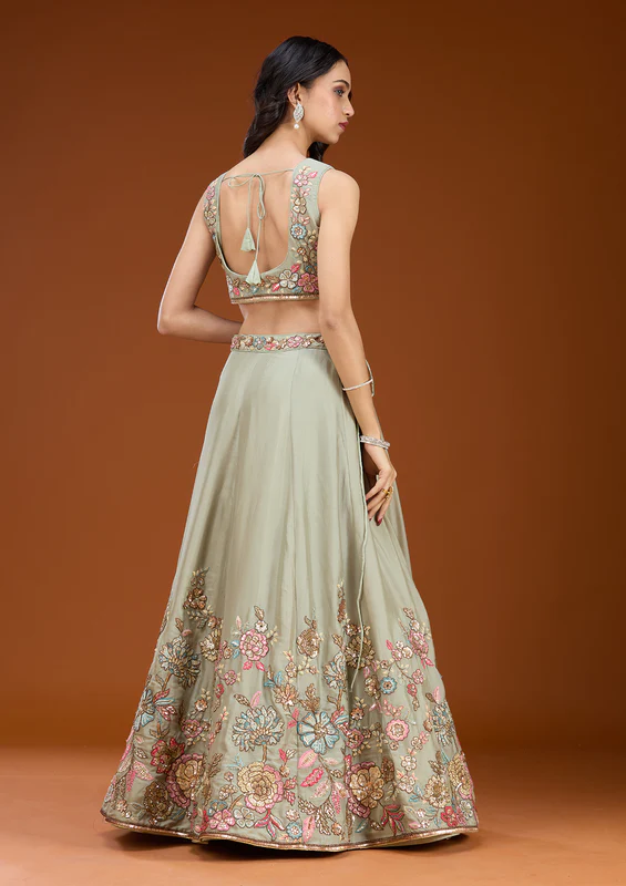 Pista Green Threadwork Georgette Readymade Lehenga - Image 4