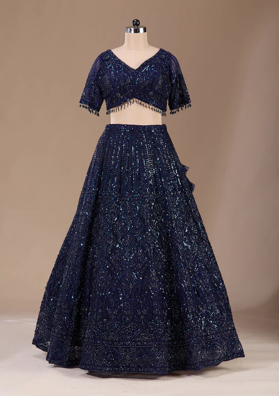 Navy Blue Cutdana Net Readymade Lehenga - Image 2