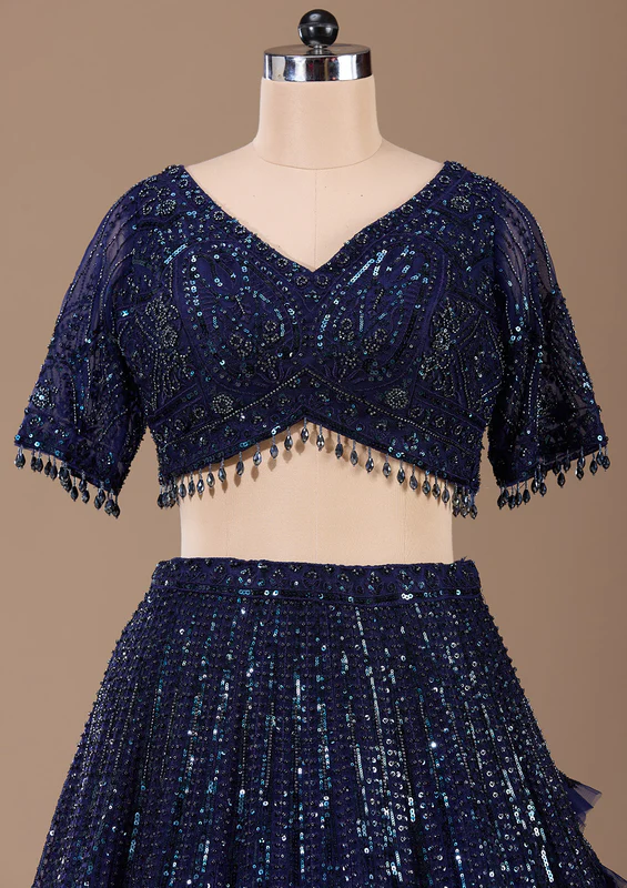Navy Blue Cutdana Net Readymade Lehenga - Image 4