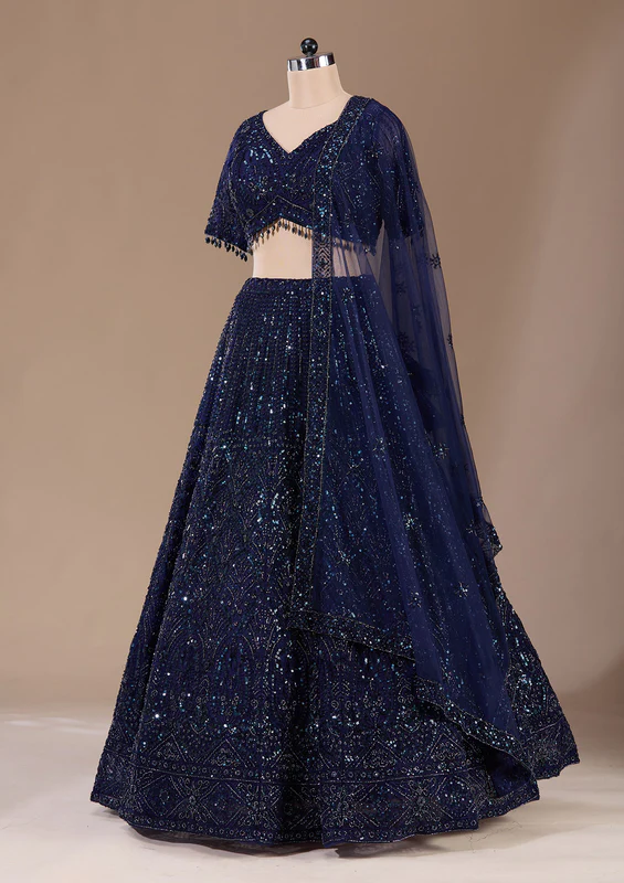 Navy Blue Cutdana Net Readymade Lehenga - Image 3