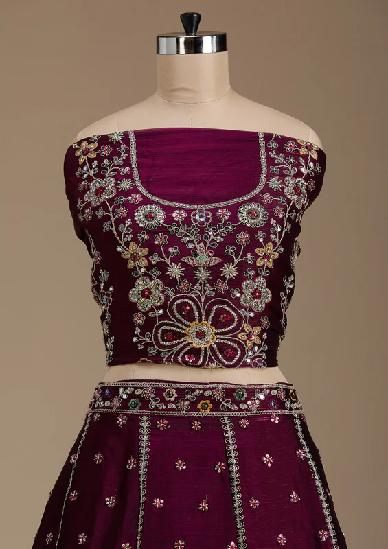 Wine Zariwork Satin Semi-Stitched Lehenga - Image 4