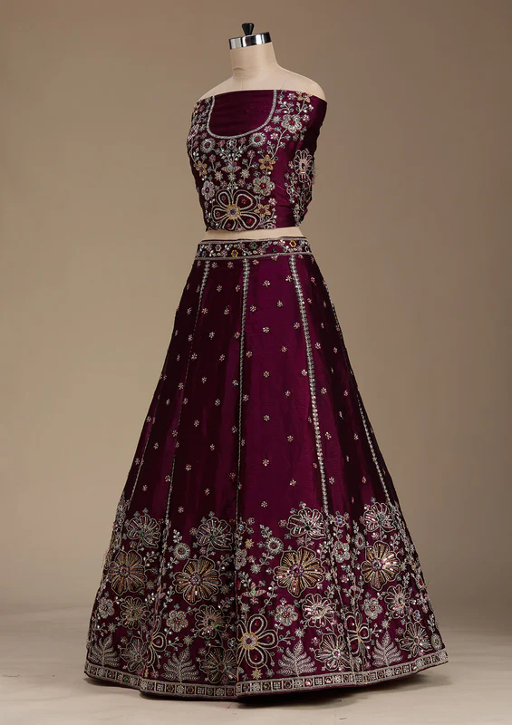 Wine Zariwork Satin Semi-Stitched Lehenga - Image 2