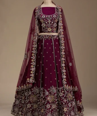 Wine Zariwork Satin Semi-Stitched Lehenga