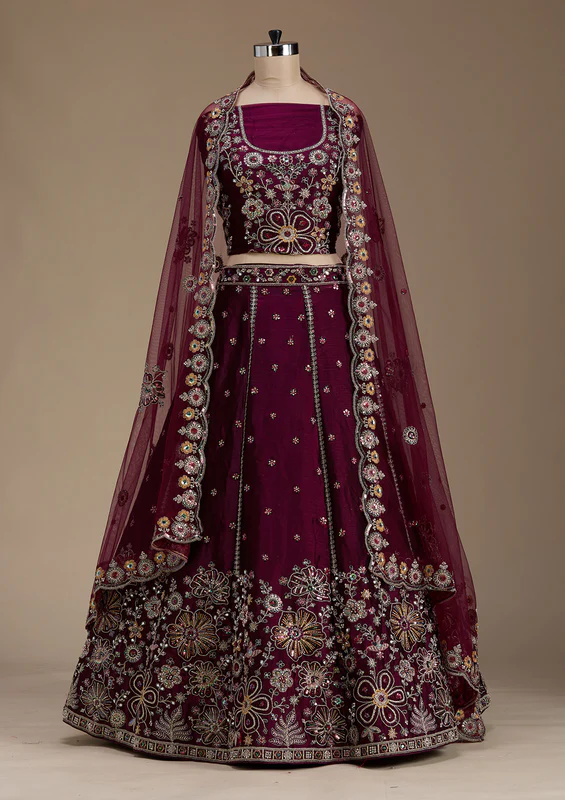Wine Zariwork Satin Semi-Stitched Lehenga