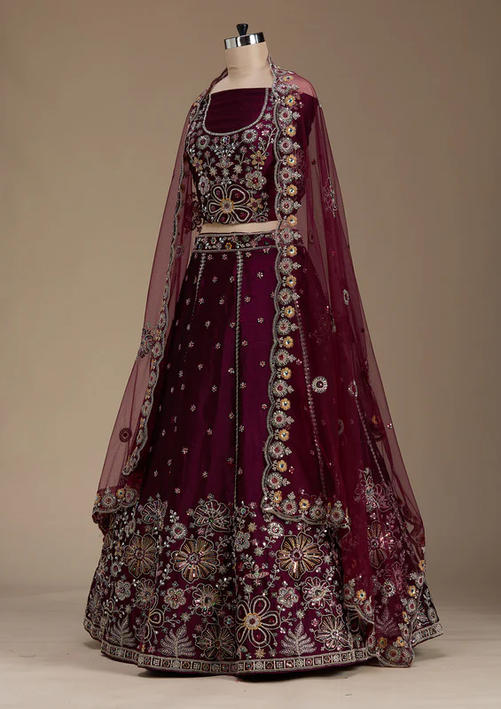 Wine Zariwork Satin Semi-Stitched Lehenga - Image 3