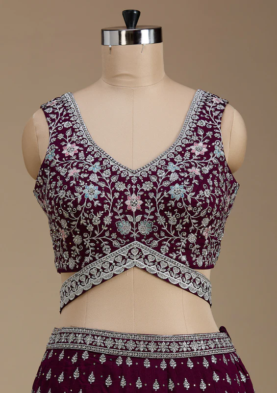 Wine Zariwork Soft Raw Silk Readymade Lehenga - Image 2