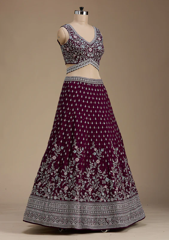 Wine Zariwork Soft Raw Silk Readymade Lehenga - Image 3