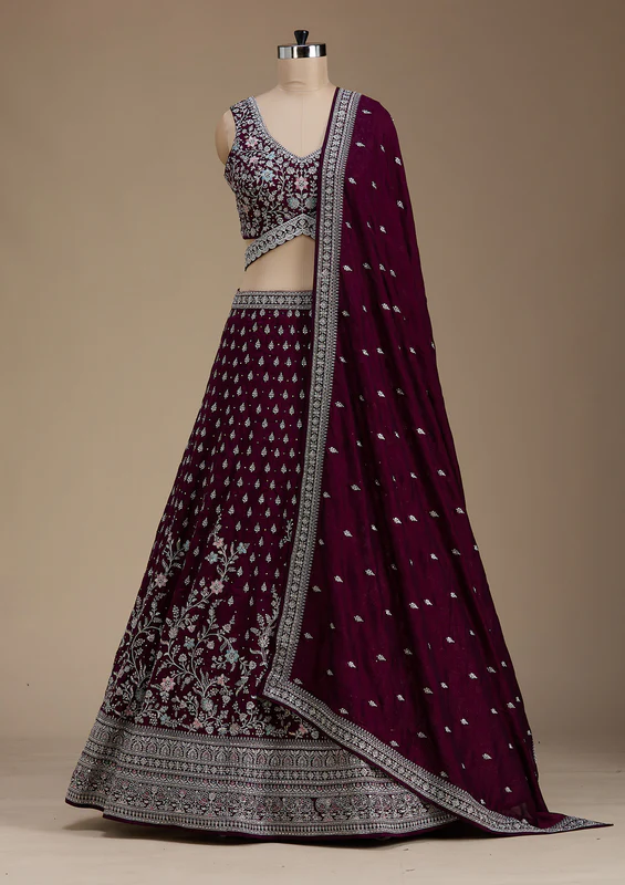 Wine Zariwork Soft Raw Silk Readymade Lehenga