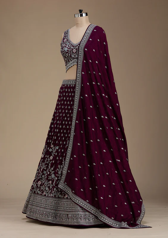 Wine Zariwork Soft Raw Silk Readymade Lehenga - Image 4