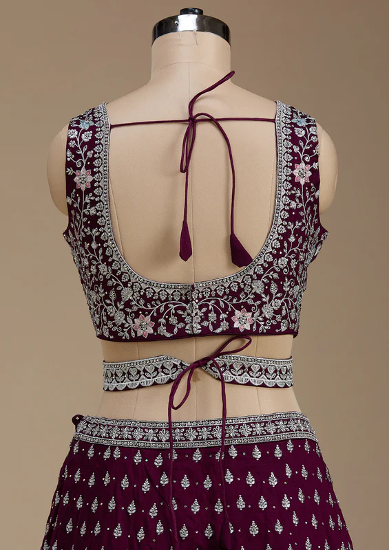 Wine Zariwork Soft Raw Silk Readymade Lehenga - Image 5