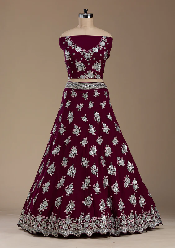 Wine Sequins Georgette Semi-Stitched Lehenga - Image 3