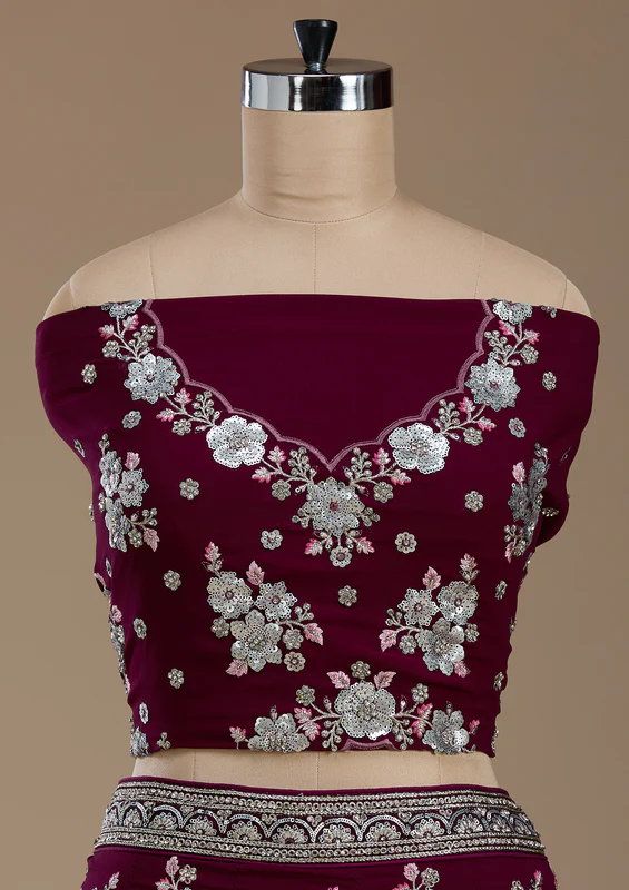 Wine Sequins Georgette Semi-Stitched Lehenga - Image 5